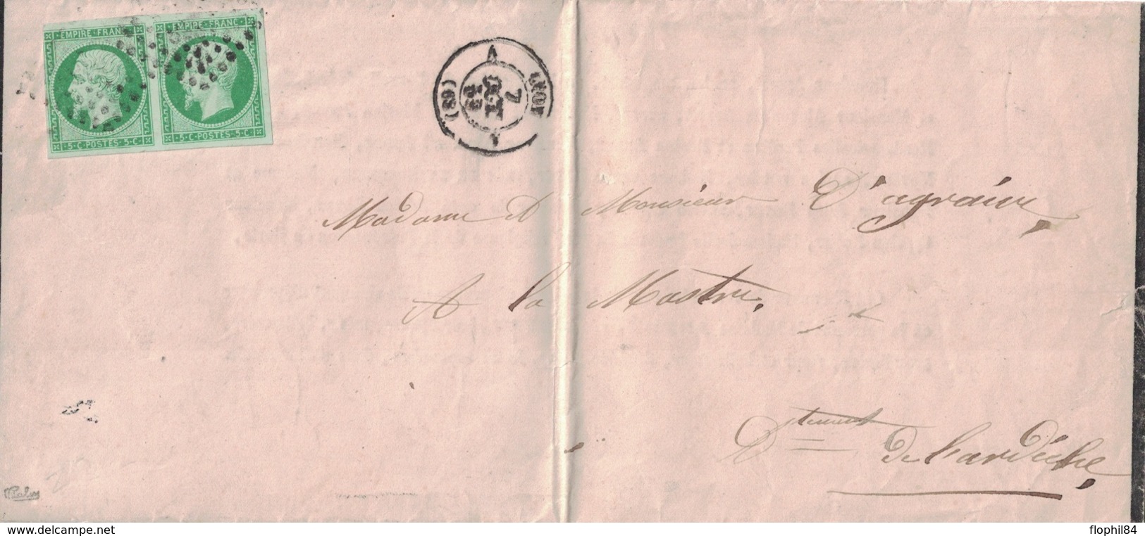 RHONE - LYON - EMPIRE - N°12 EN PAIRE - LE 7 OCTOBRE 1859 - SIGNATURE CALVES - LETTRE DE DEUIL POUR LAMASTRE ARDECHE. - 1849-1876: Classic Period