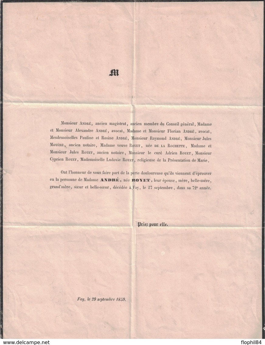 RHONE - LYON - EMPIRE - N°12 EN PAIRE - LE 7 OCTOBRE 1859 - SIGNATURE CALVES - LETTRE DE DEUIL POUR LAMASTRE ARDECHE. - 1849-1876: Classic Period