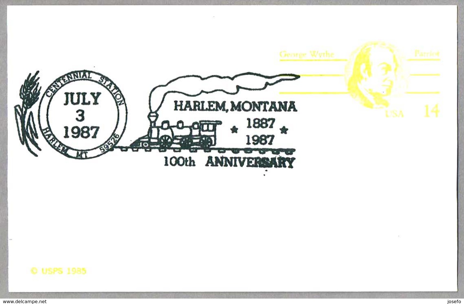 100 Años HALMEN, MONTANA - Ferrocarril - Rarilroad. Harlem MT 1987 - Trenes