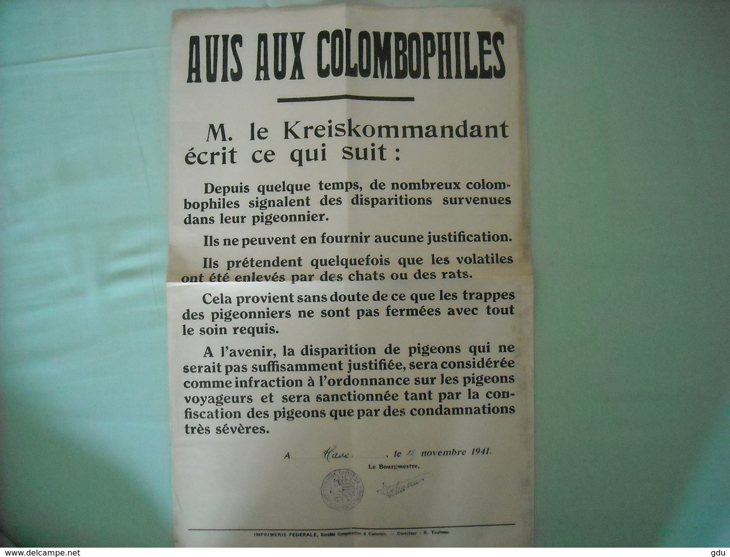 Avis Aux Colombophiles De La Kreiskommantur 1941 (disparition De Pigeons) - 1939-45