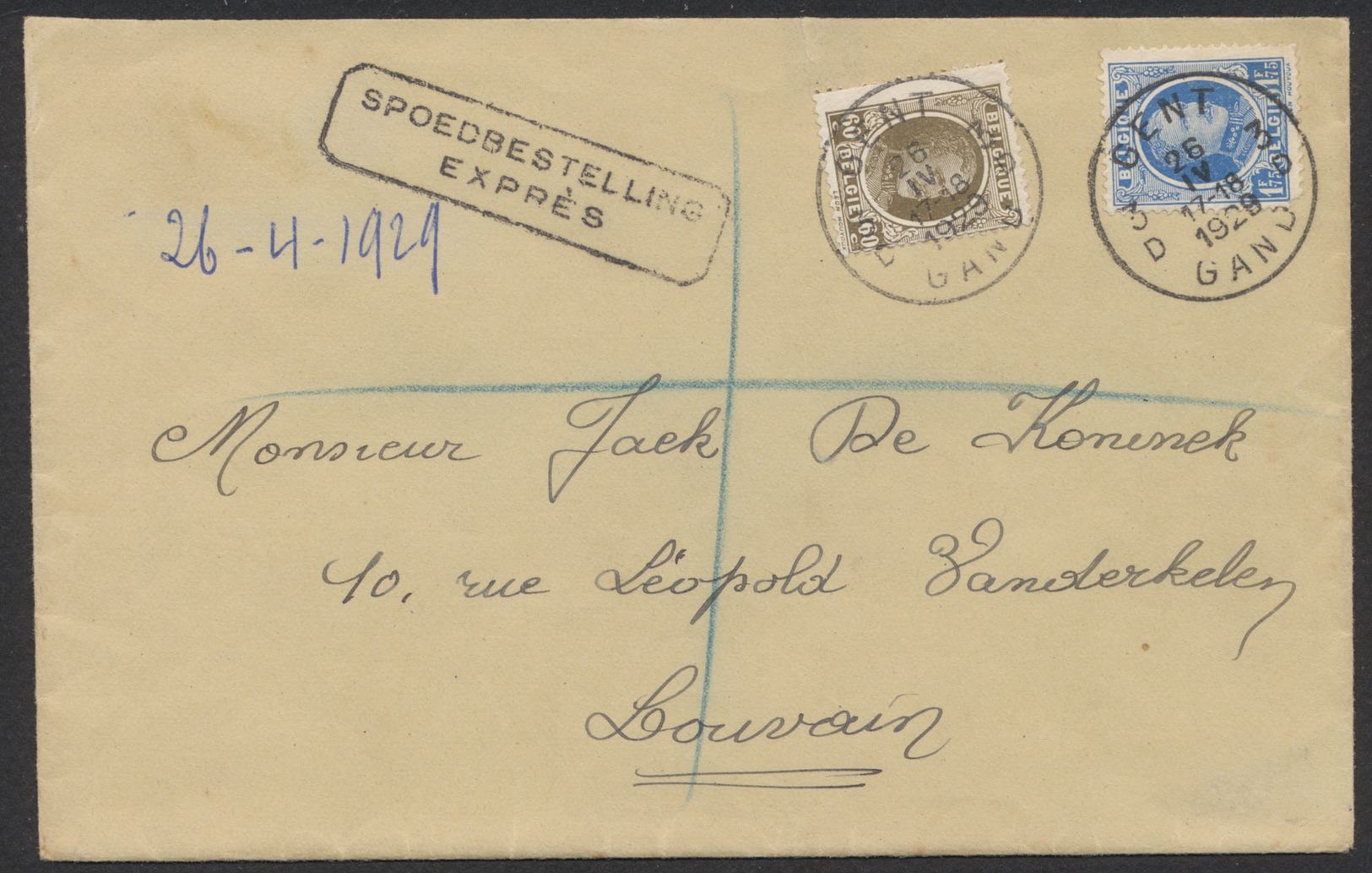 Houyoux - N°255 Et 257 Sur Lettre Expres (griffe Bilingue) De Gent / Gand 26/4/29 Vers Louvain. - 1922-1927 Houyoux