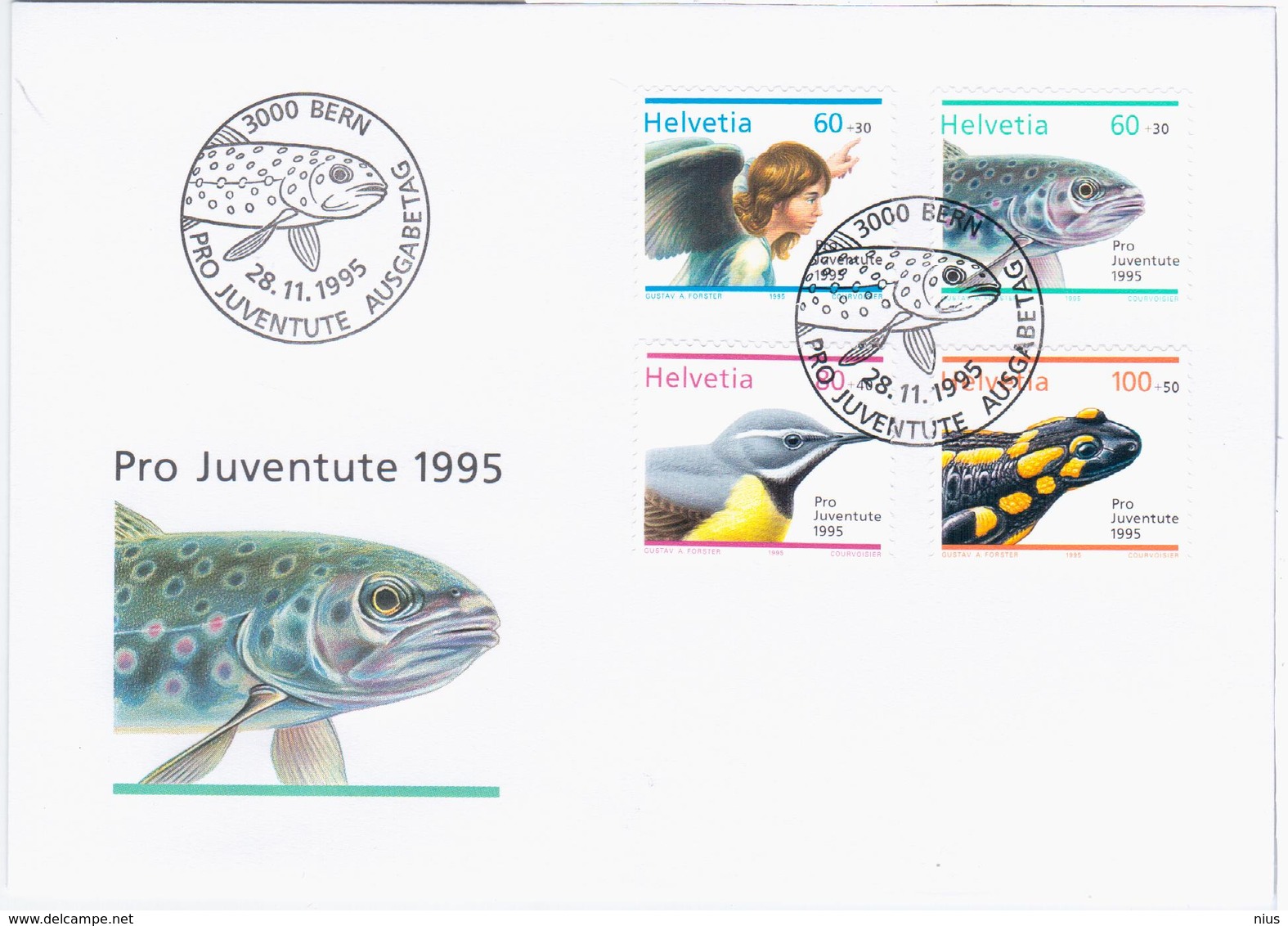 Switzerland Swiss Schweiz Svizzera Helvetia 1995 FDC Fauna Fish Fishes Salamander Angel Bird Birds, Pro Juventute - FDC