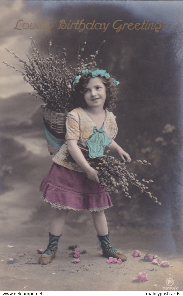 AQ52 Greetings - Loving Birthday Greetings - Young Girl With Basket Of Catkins - Birthday