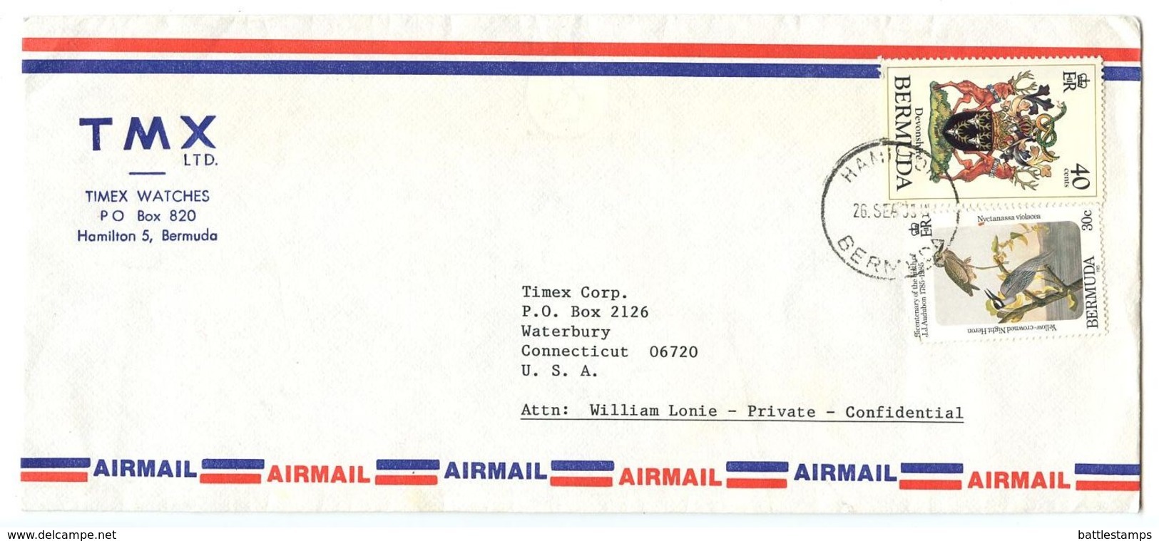 Bermuda 1985 Airmail Cover Hamilton - TMX Ltd., Timex Watches To U.S. - Bermuda