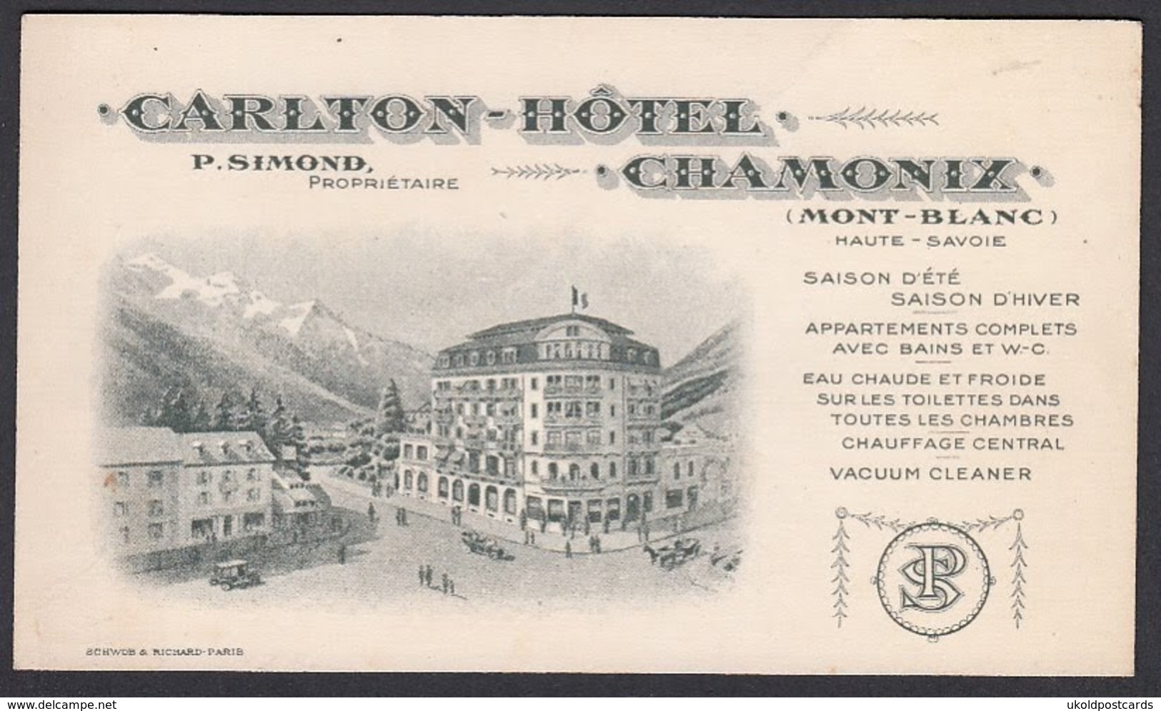 CPA 74 - CHAMONIX, Carlton Hotel - Carton Publicitaire De L'hôtel - 135 Mm X 80 Mm - Chamonix-Mont-Blanc