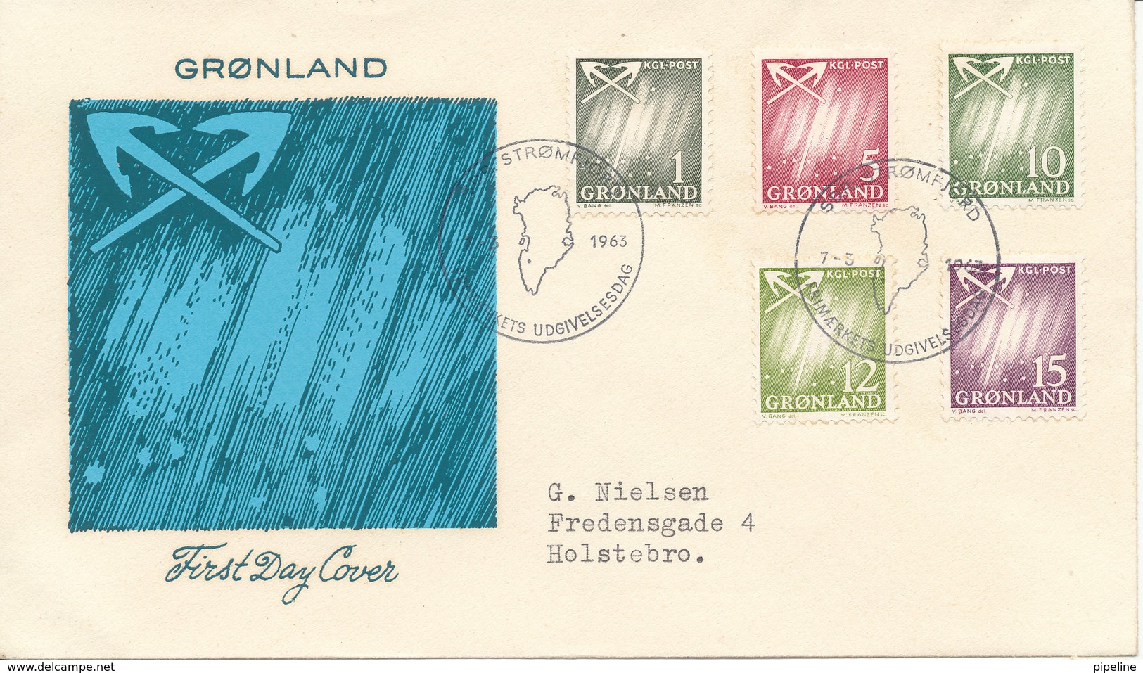 Greenland FDC 7-3-1963 Complete Set Of 5 Northern Light With Cachet - FDC