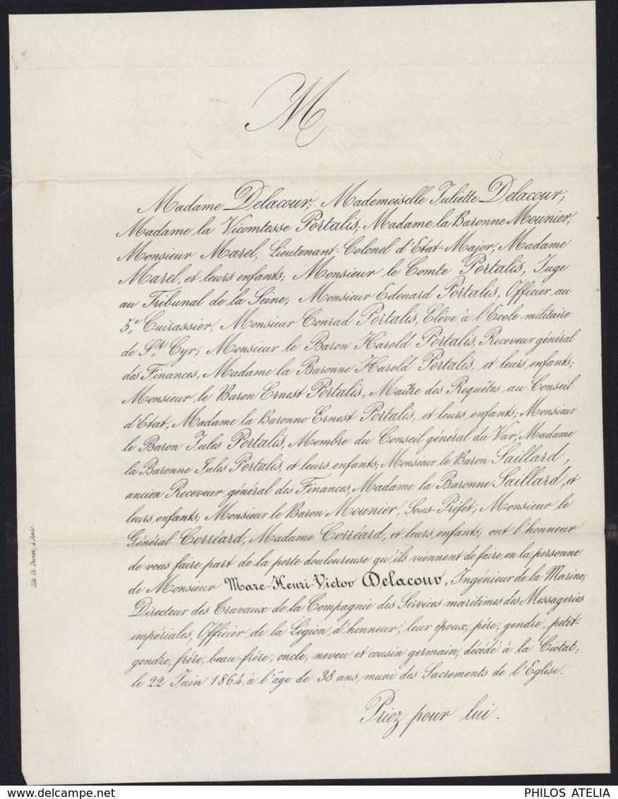 Sur Faire Part Deuil Au Duc Caix De St Aymar YT 20 Empire Seul Sur Lettre 5ct Vert Dentelé CAD Senlis 16 Juil 1864 - 1849-1876: Période Classique