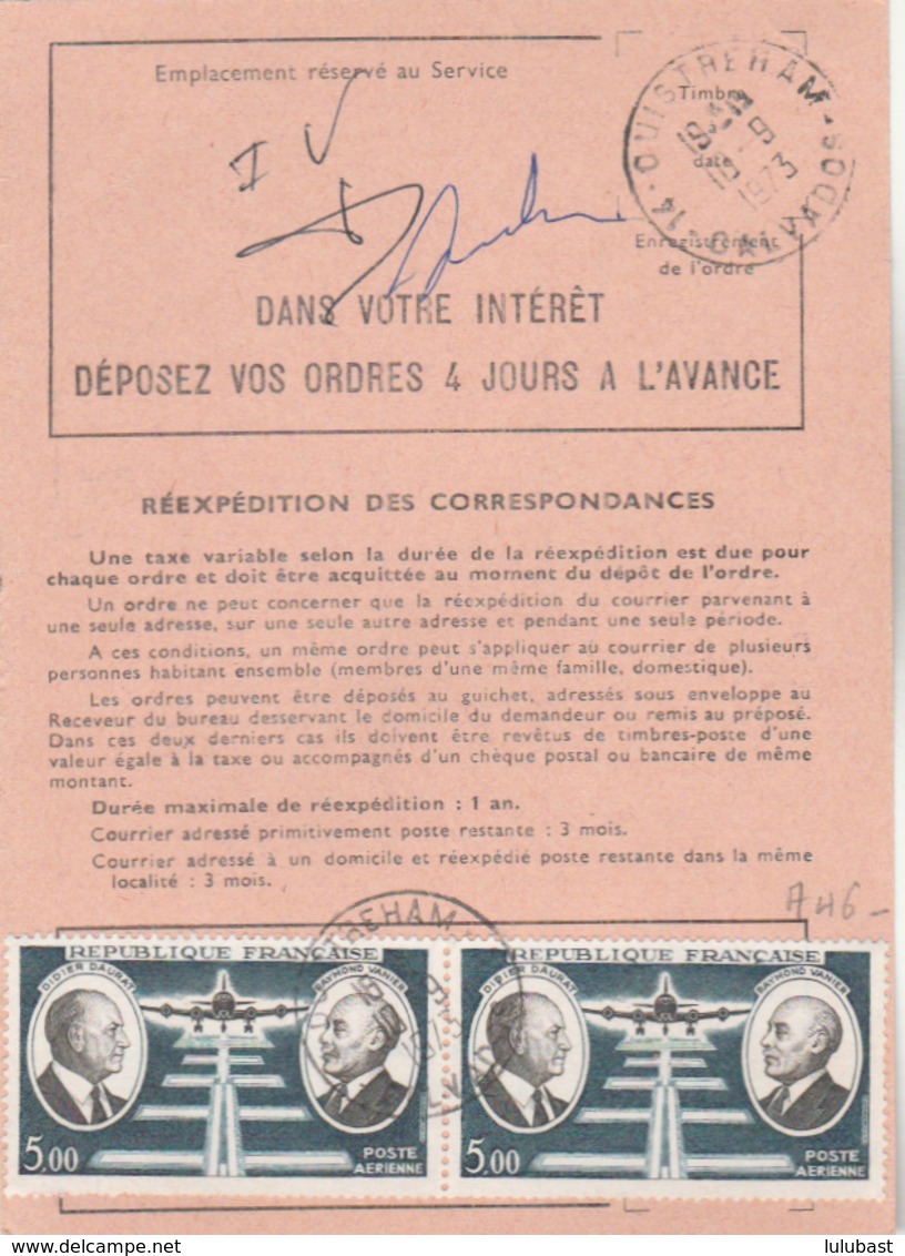 Ouistreham (Calvados) : Ordre De Réexpédition Du Courrier Affranchi à 10F. Par A46 (paire). - Autres & Non Classés