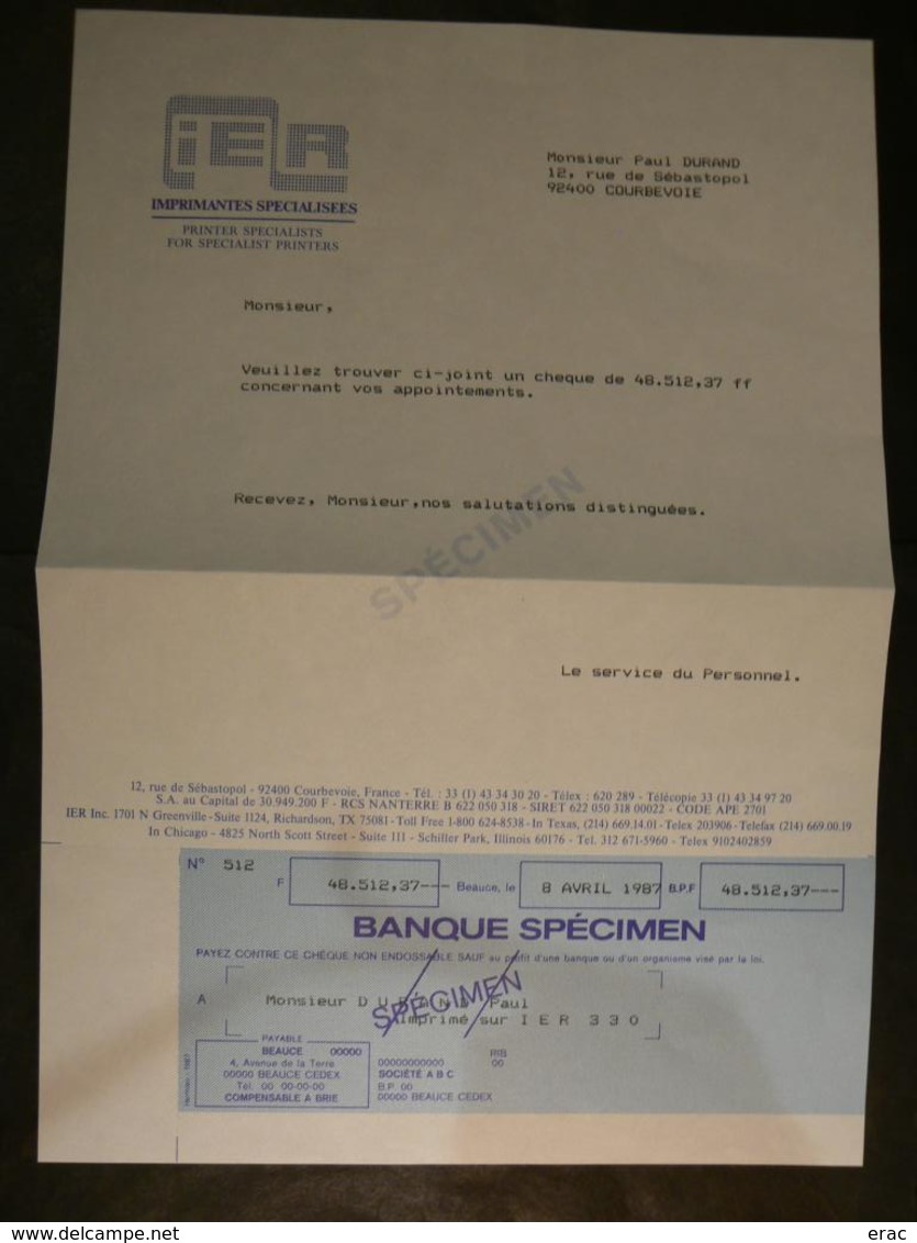 Chèque BANQUE SPECIMEN Sur Document - 1987 - Chèques & Chèques De Voyage