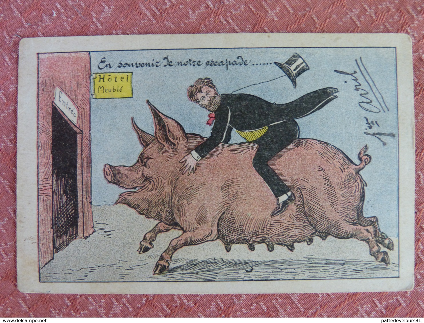 CPA Grivoise Cochon Porc Pig Homme Chevauchant Une Truie Hôtel Meublé Prostitution Prostituée Illustrateur (2 Scans) - Cochons