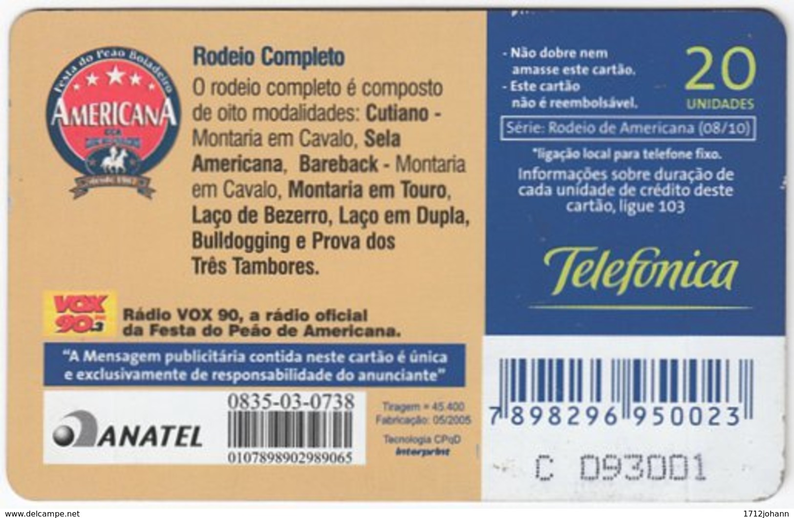 BRASIL J-053 Magnetic Telefonica - Event, Rodeo, Animal, Horse - Used - Brasilien