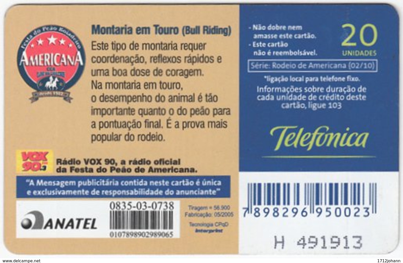 BRASIL J-059 Magnetic Telefonica - Event, Rodeo, Animal, Horse - Used - Brasilien