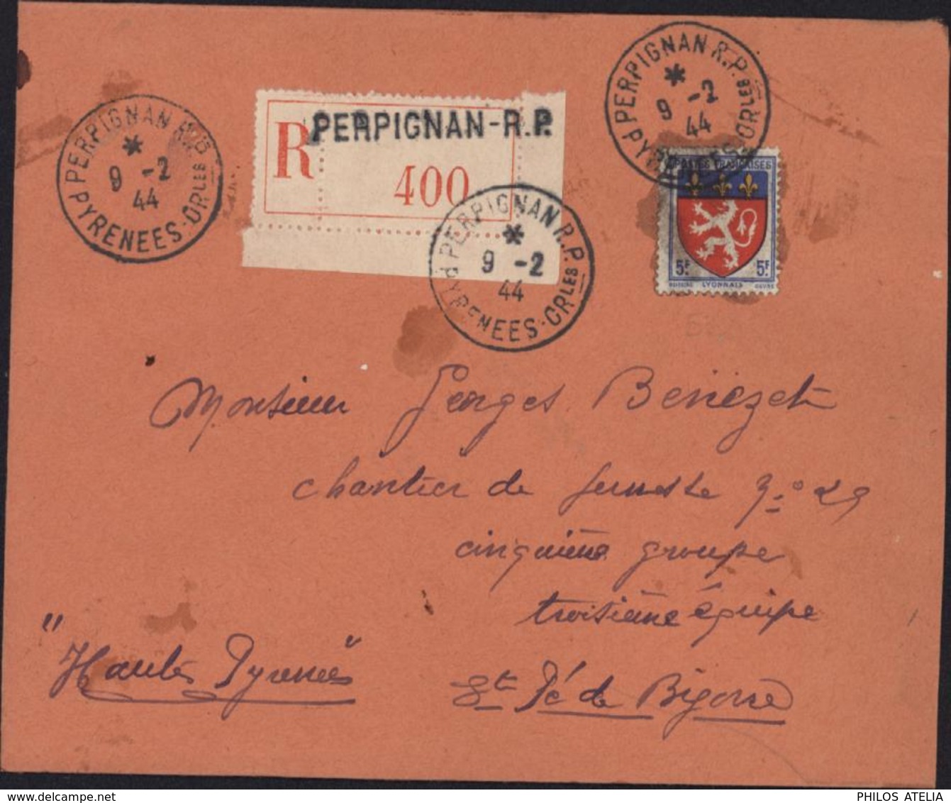 YT 572 Blason Lyon Seul S Lettre Recommandée 2ème échelon Perpignan 9 2 44 Pour Chantier Jeunesse N29 St Pé De Bigorre - 1921-1960: Periodo Moderno