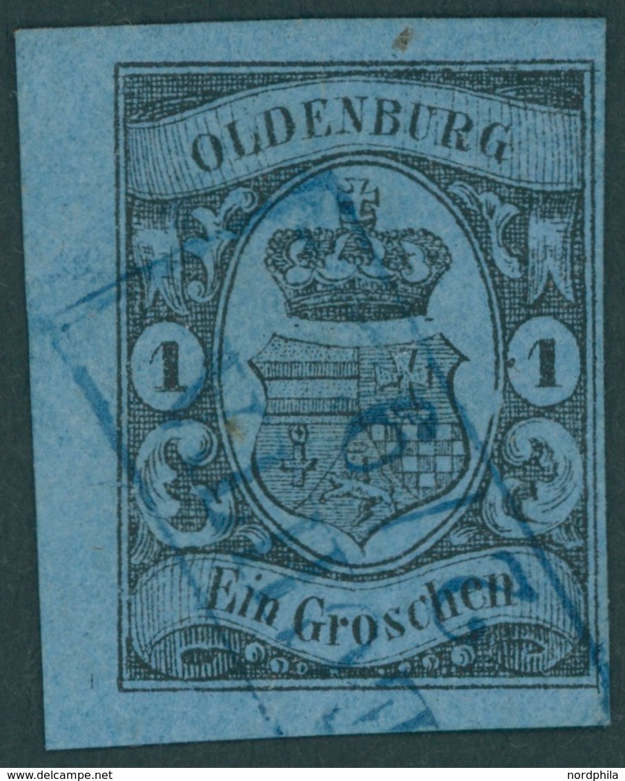 OLDENBURG 6a O, 1859, 1 Gr. Schwarz Auf Hellblau, Linkes Randstück Mit Blauem R2 VECHTA, Pracht - Oldenburg