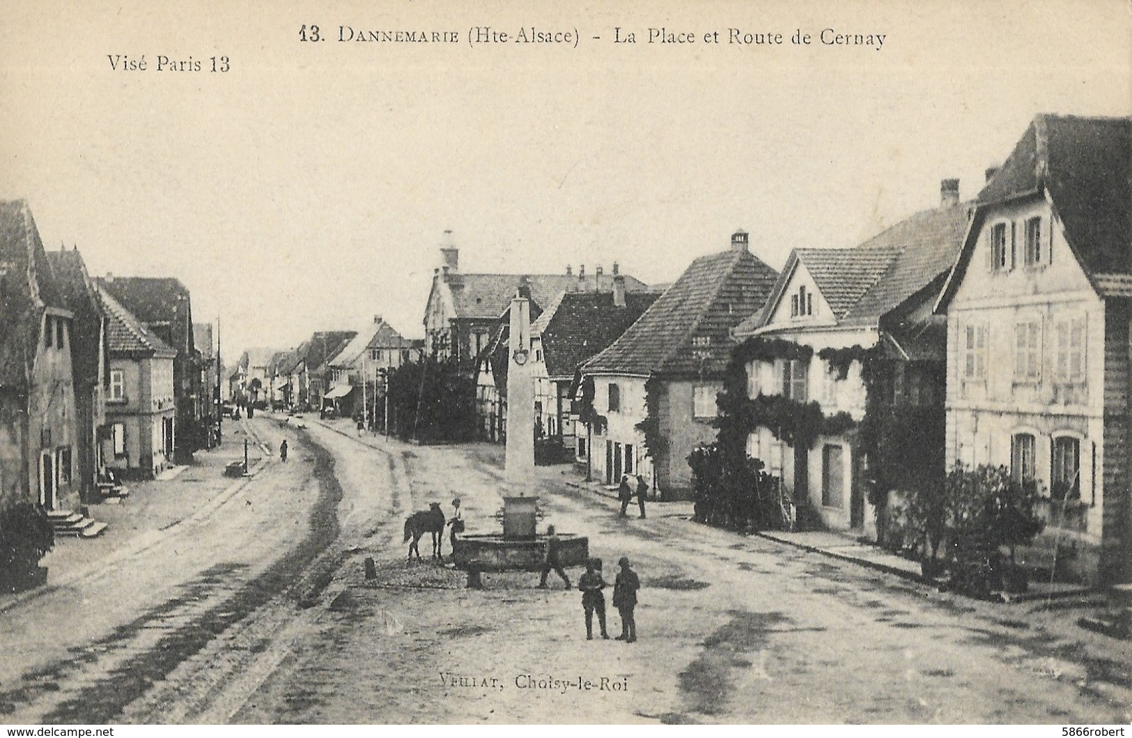 CARTE POSTALE ORIGINALE ANCIENNE : DANNEMARIE LA PLACE ET LA ROUTE DE CERNAY  ANIMEE HAUT RHIN (68) - Dannemarie