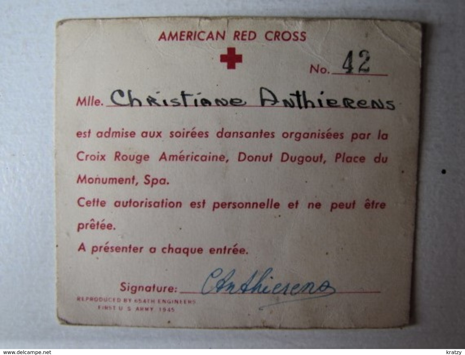 Belgique - Spa - American Red Cross - Carte De Membre - 1945 - Documents