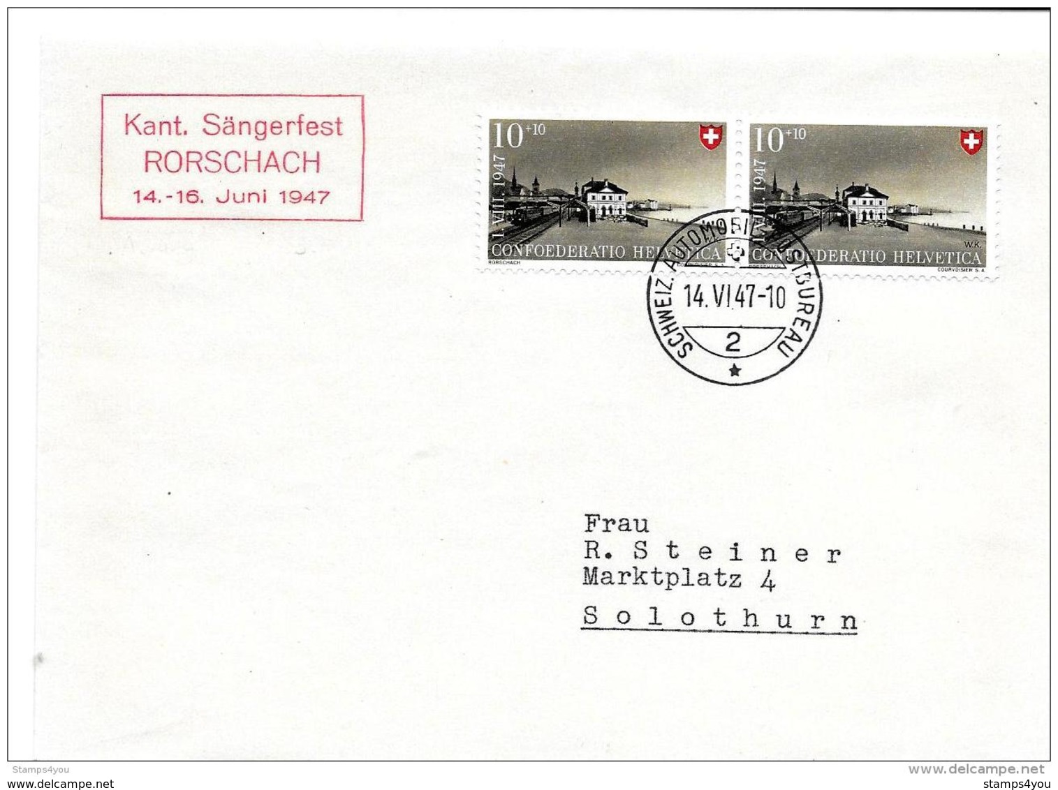 123 - 20 - Enveloppe Avec Oblit Spéciale "Kant. Sängerfest Rorschach 1947" - Marcophilie