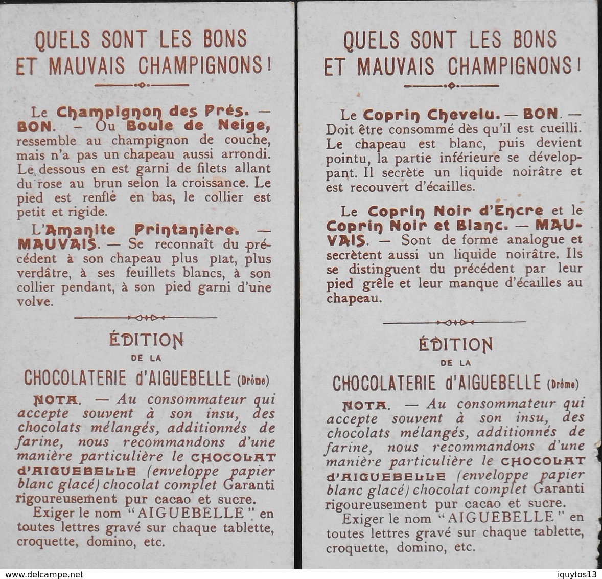 2 Chromos & Images > Chocolat > Aiguebelle - Sur Les Champignons - En Bon Et. - Aiguebelle