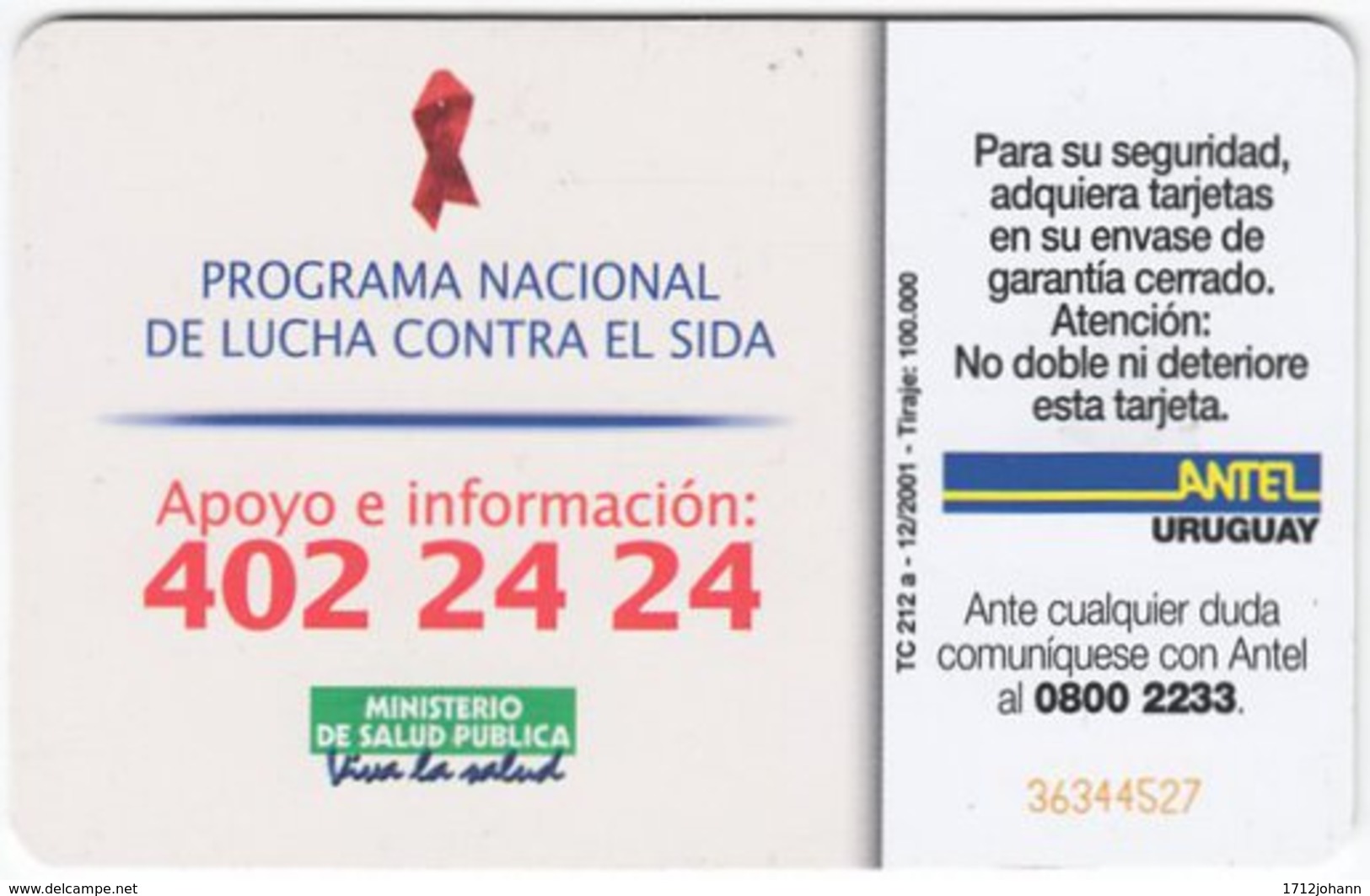 URUGUAY A-350 Chip Antel - Health, AIDS - Used - Uruguay