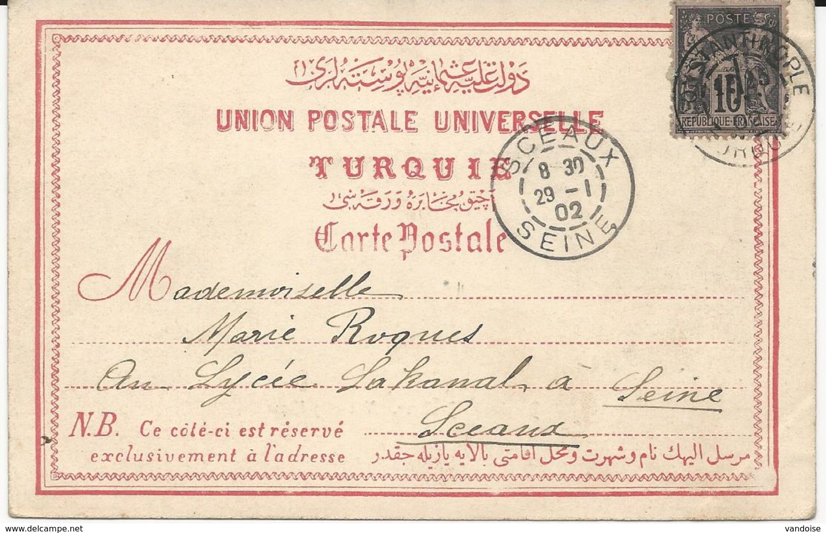 CARTE POSTALE 1902 AVEC  TIMBRE AU TYPE SAGE ET CACHET  CONSTANTINOPLE TURQUIE - Unused Stamps