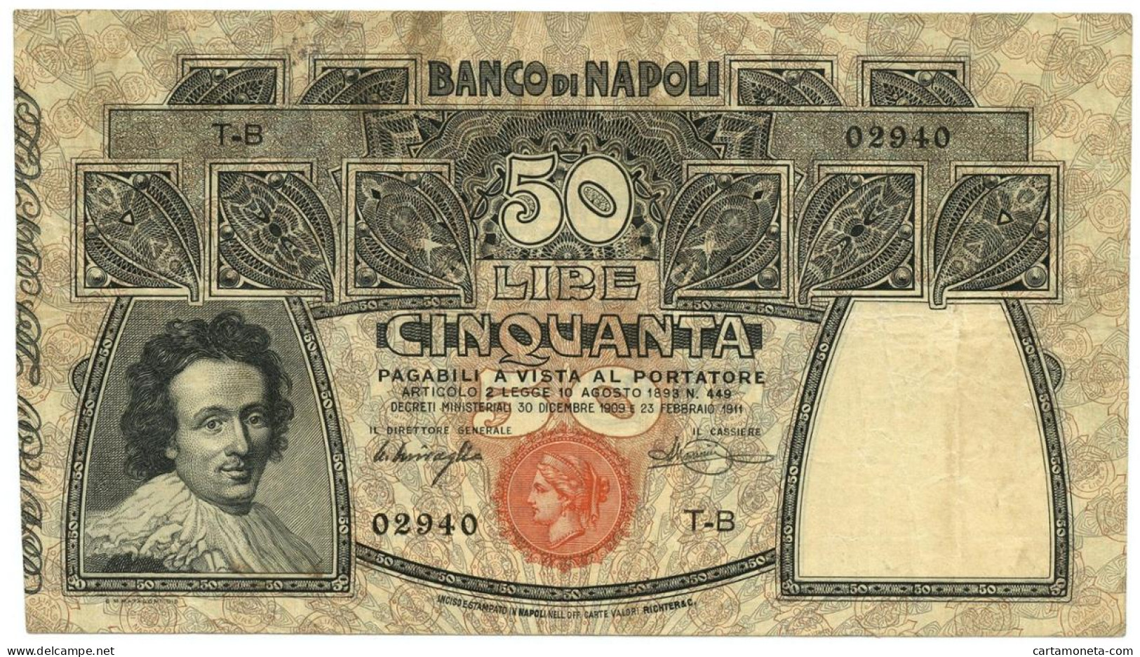 50 LIRE BANCO DI NAPOLI BIGLIETTO AL PORTATORE 23/02/1911 BB+ - Altri & Non Classificati