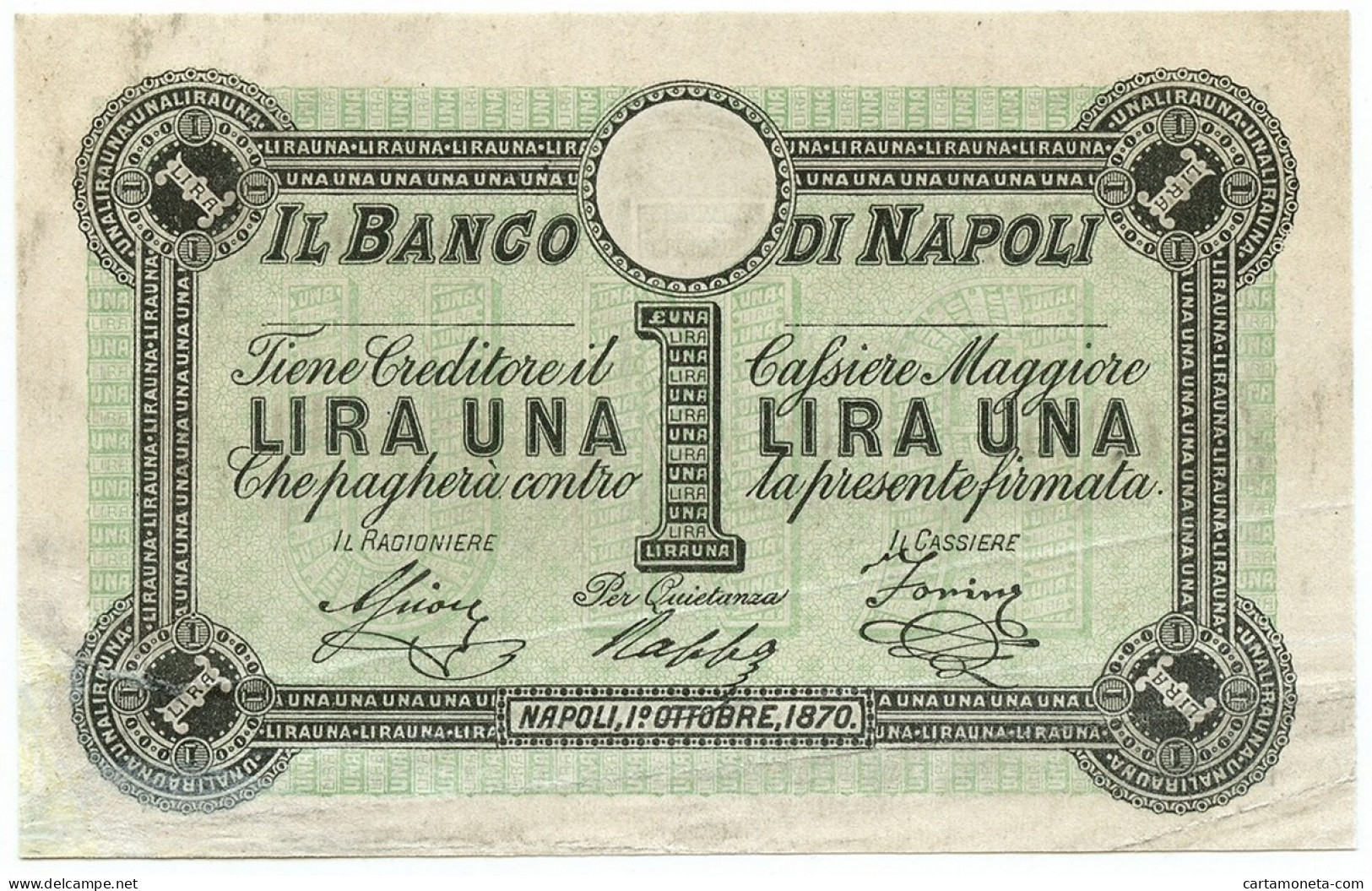 1 LIRA CAMPIONE BANCO DI NAPOLI FEDE DI CREDITO 5° TIPO 01/10/1870 MB/BB - Altri & Non Classificati