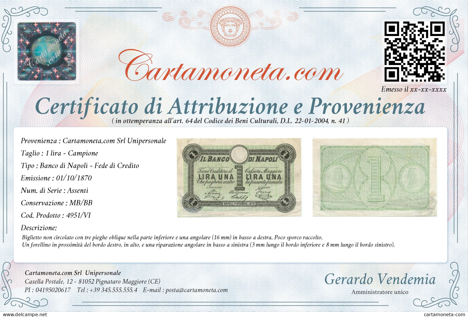 1 LIRA CAMPIONE BANCO DI NAPOLI FEDE DI CREDITO 5° TIPO 01/10/1870 MB/BB - Altri & Non Classificati