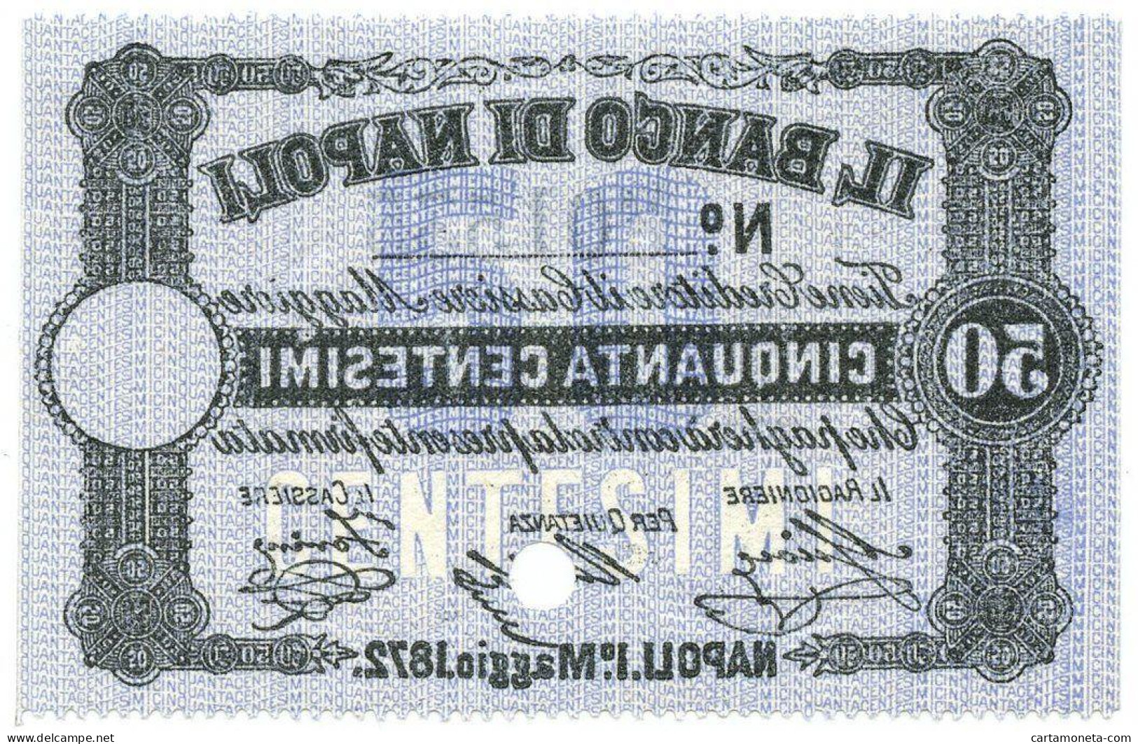 50 CENTESIMI ANNULLATO USO CAMPIONE BANCO DI NAPOLI FEDE CREDITO 01/05/1872 FDS - Altri & Non Classificati