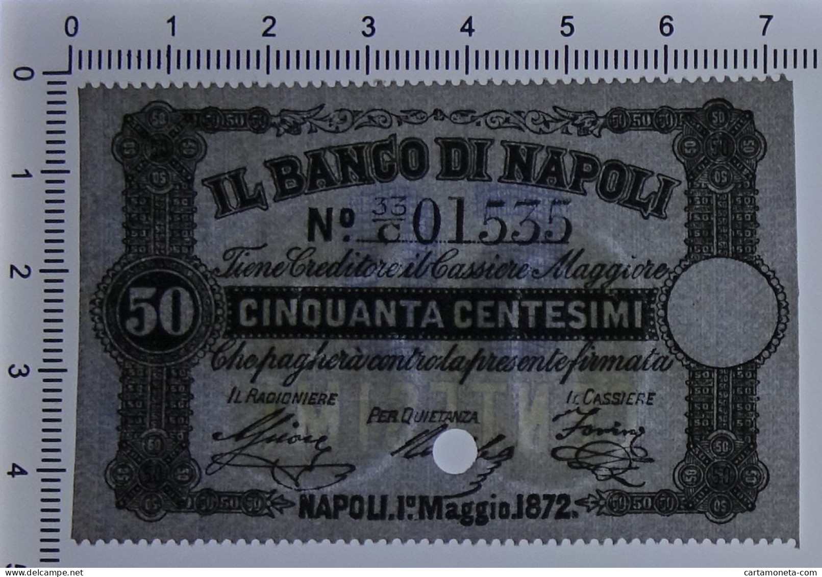 50 CENTESIMI ANNULLATO USO CAMPIONE BANCO DI NAPOLI FEDE CREDITO 01/05/1872 FDS - Altri & Non Classificati