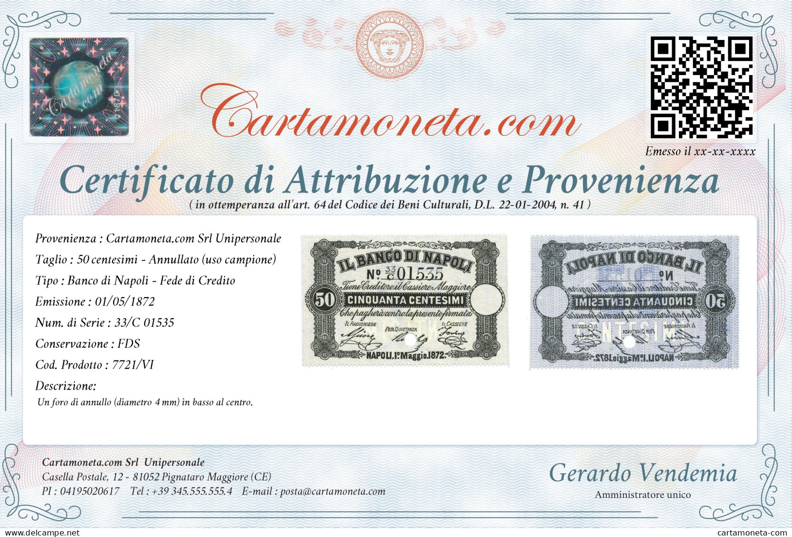 50 CENTESIMI ANNULLATO USO CAMPIONE BANCO DI NAPOLI FEDE CREDITO 01/05/1872 FDS - Altri & Non Classificati