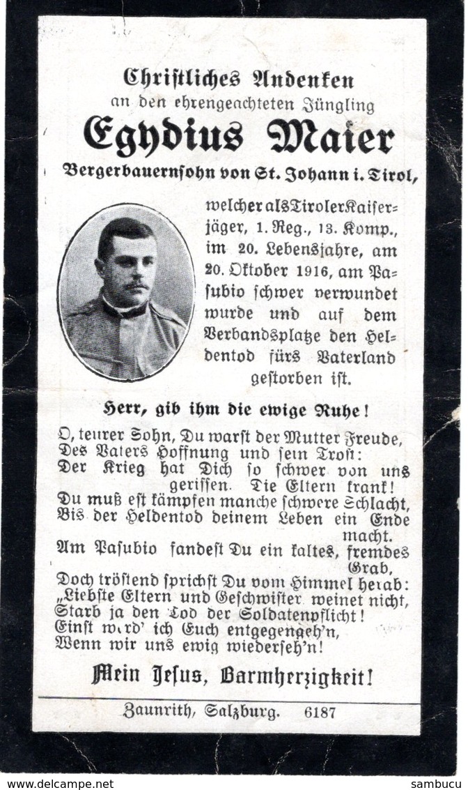 Sterbebildchen - Egidius Maier - Bergbauernsohn In St. Johann In Tirol Gest. 20.Okt 1916 - Andachtsbilder