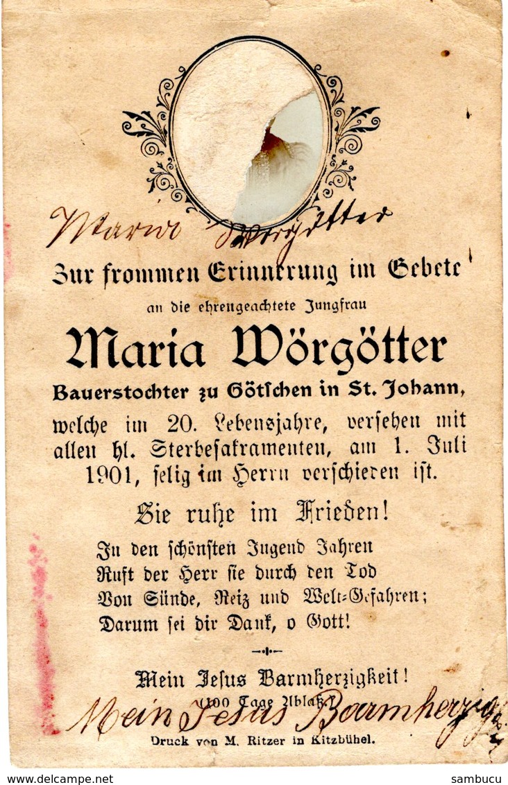 Sterbebildchen - Maria Wörgötter - Bauerntochter Beim Götschen In St. Johann In Tirol Gest. 01.Juli 1901 - Andachtsbilder
