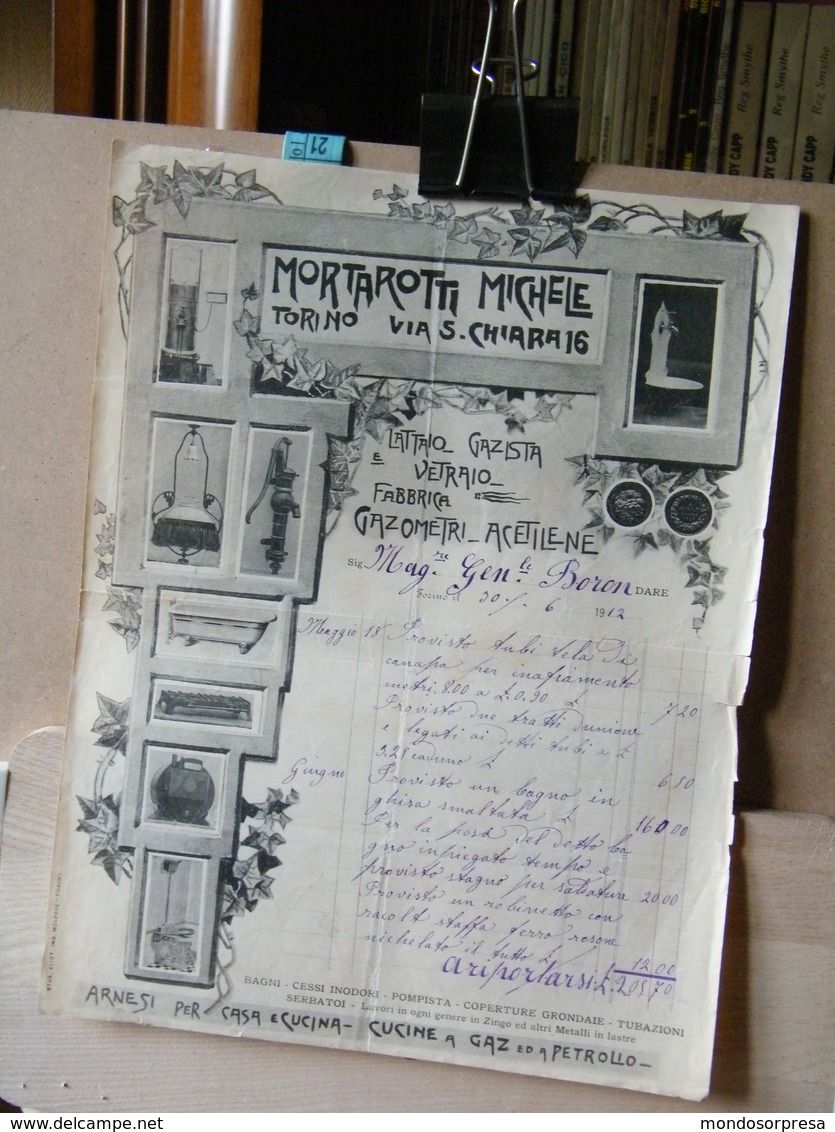 MONDOSORPRESA, (DC3) FATTURA, MORTAROTTI MICHELE TORINO - LATTAIO GAZISTA VETRAIO , MARCA DA BOLLO 1912 - Italy