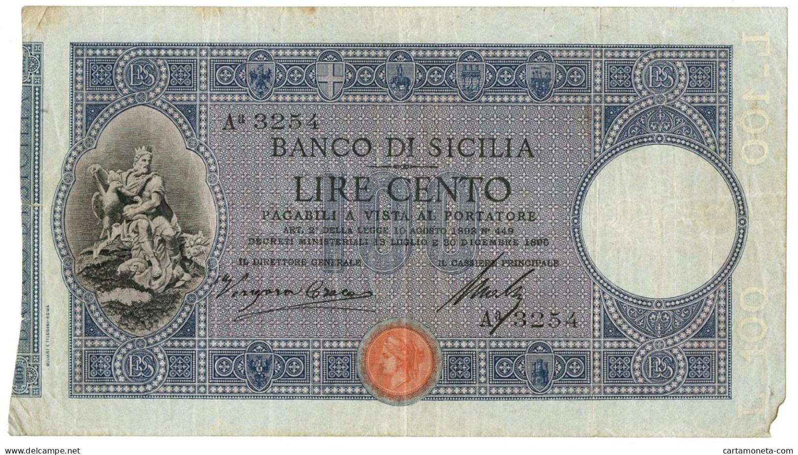 100 LIRE BANCO DI SICILIA BIGLIETTO AL PORTATORE 30/12/1896 MB/BB - Altri & Non Classificati
