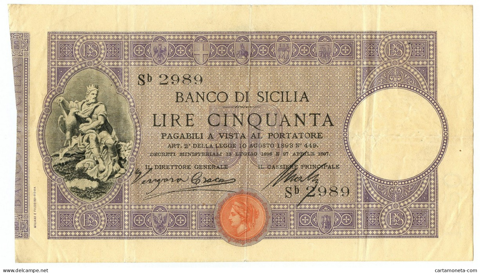 50 LIRE BANCO DI SICILIA BIGLIETTO AL PORTATORE PRIMA DATA 27/04/1897 BB/BB+ - Altri & Non Classificati