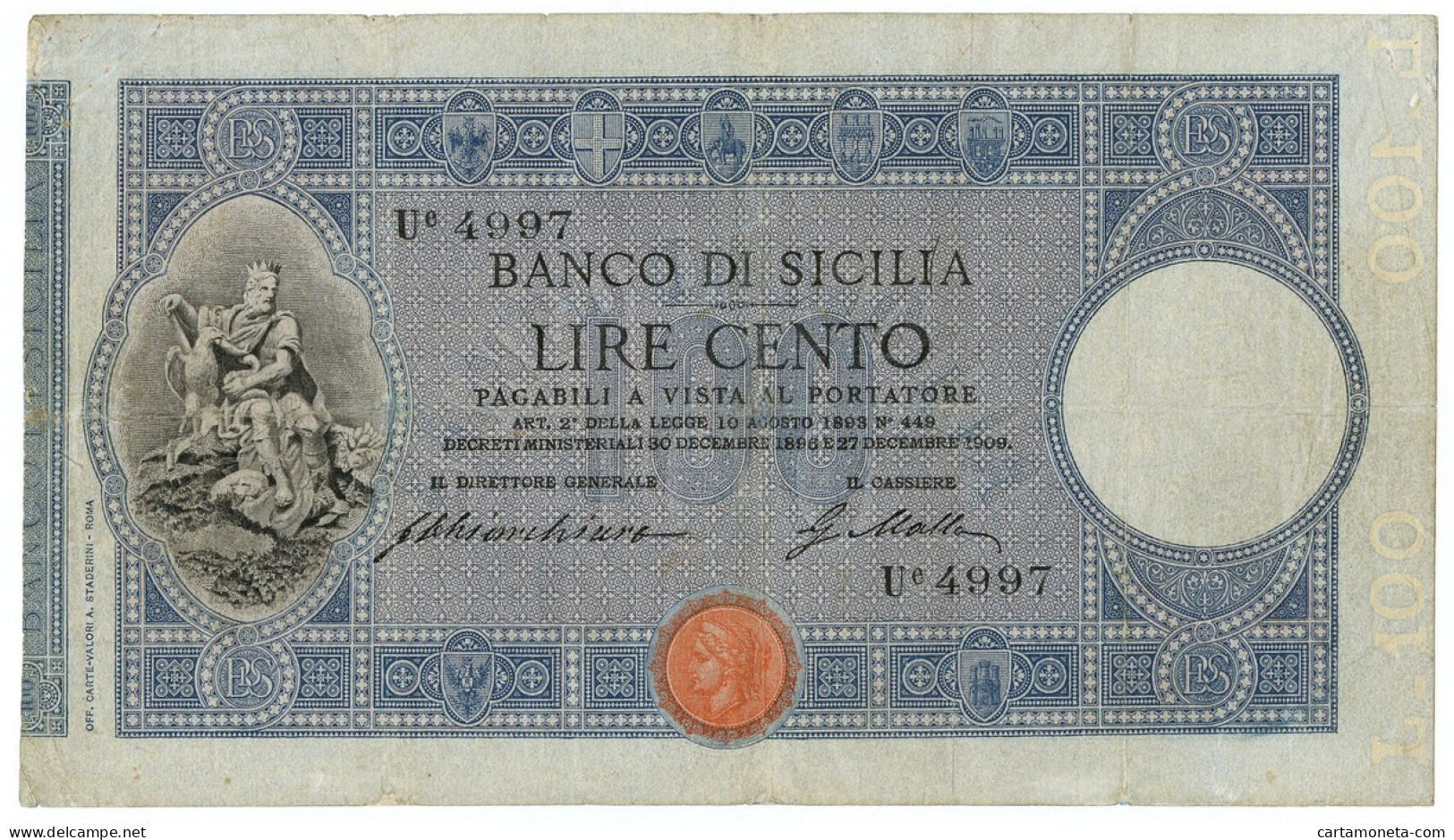 100 LIRE BANCO DI SICILIA BIGLIETTO AL PORTATORE 27/12/1909 QBB - Altri & Non Classificati
