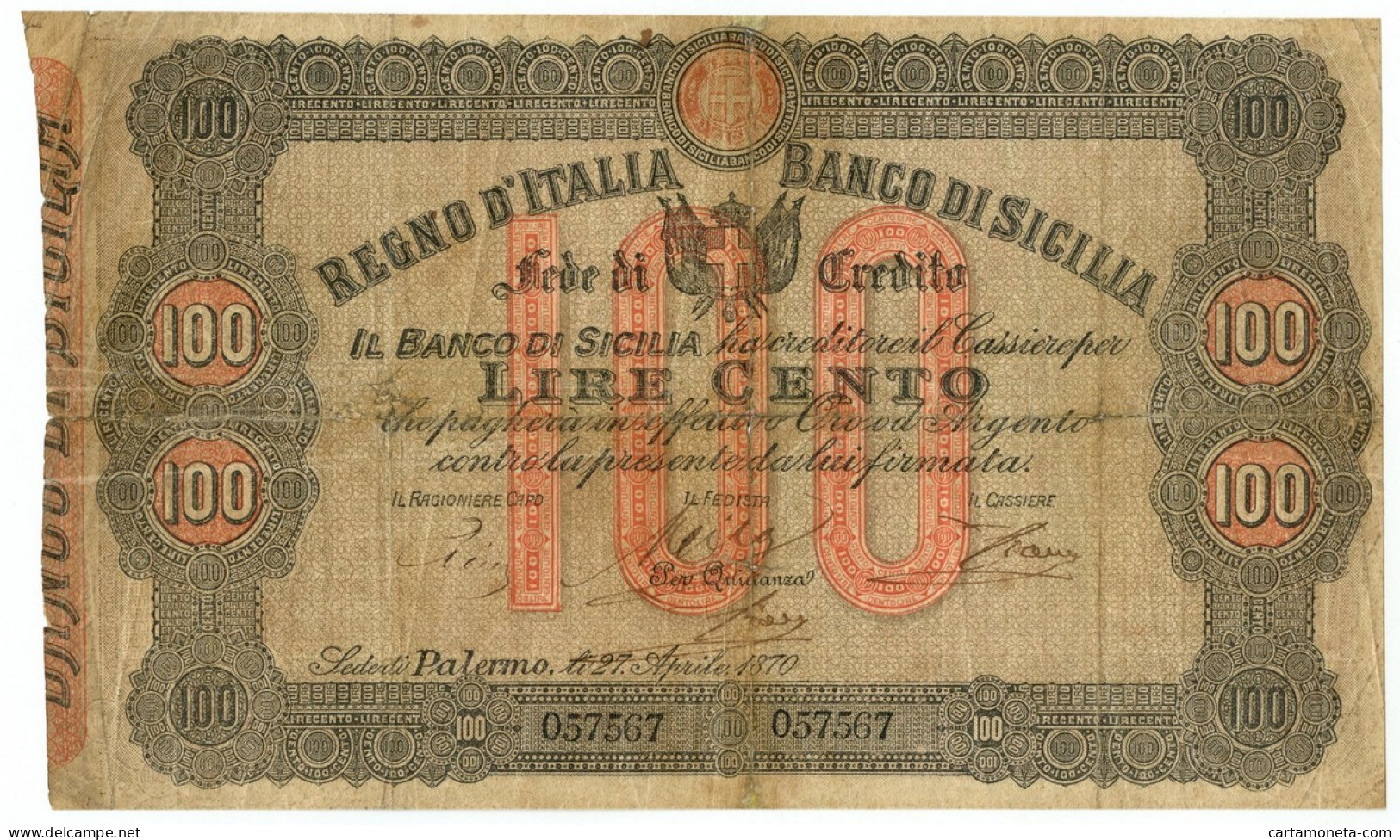 100 LIRE BANCO DI SICILIA FEDE DI CREDITO REGNO D'ITALIA 27/04/1870 MB+ - Altri & Non Classificati
