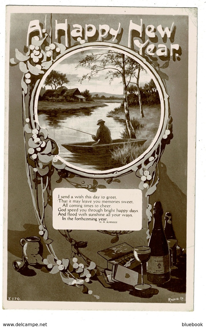 Ref 1313 - 1910 Real Photo Greetings Postcard - Happy New Year - Man Fishing - Greetings From...