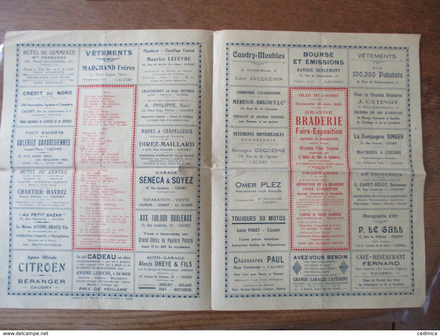 VILLE DE CAUDRY DIMANCHE 16 JUIN 1929 GRANDE BRADERIE CHANSONNETTE FOIRE-EXPOSITION AGRICOLE ET INDUSTRIELLE - Programmes