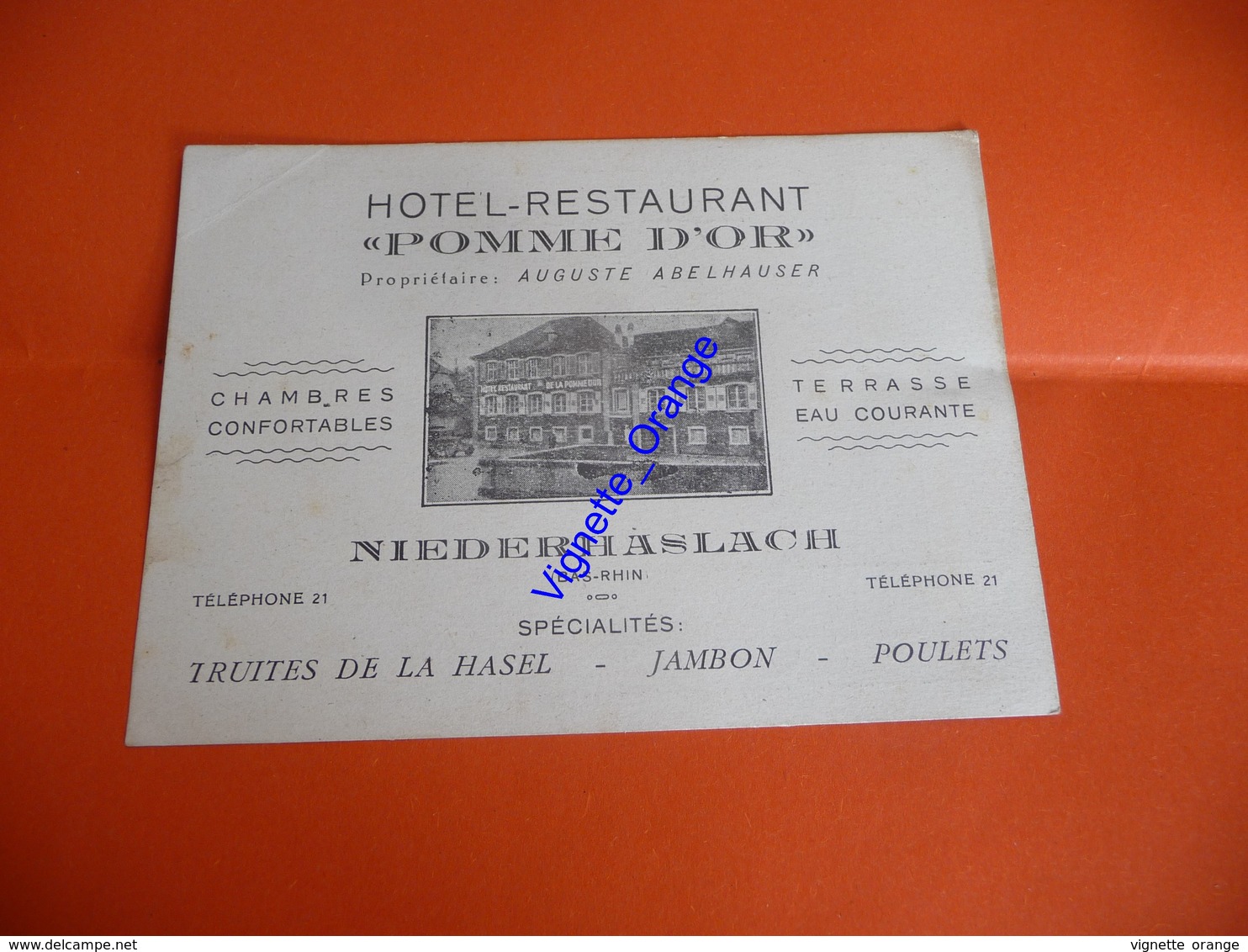 Publicité Carte Visite 1939 HOTEL RESTAURANT POMME D OR BAS RHIN NIEDERHASLACH  ( Truites Hasel  Jambon Poulets - Cartes De Visite