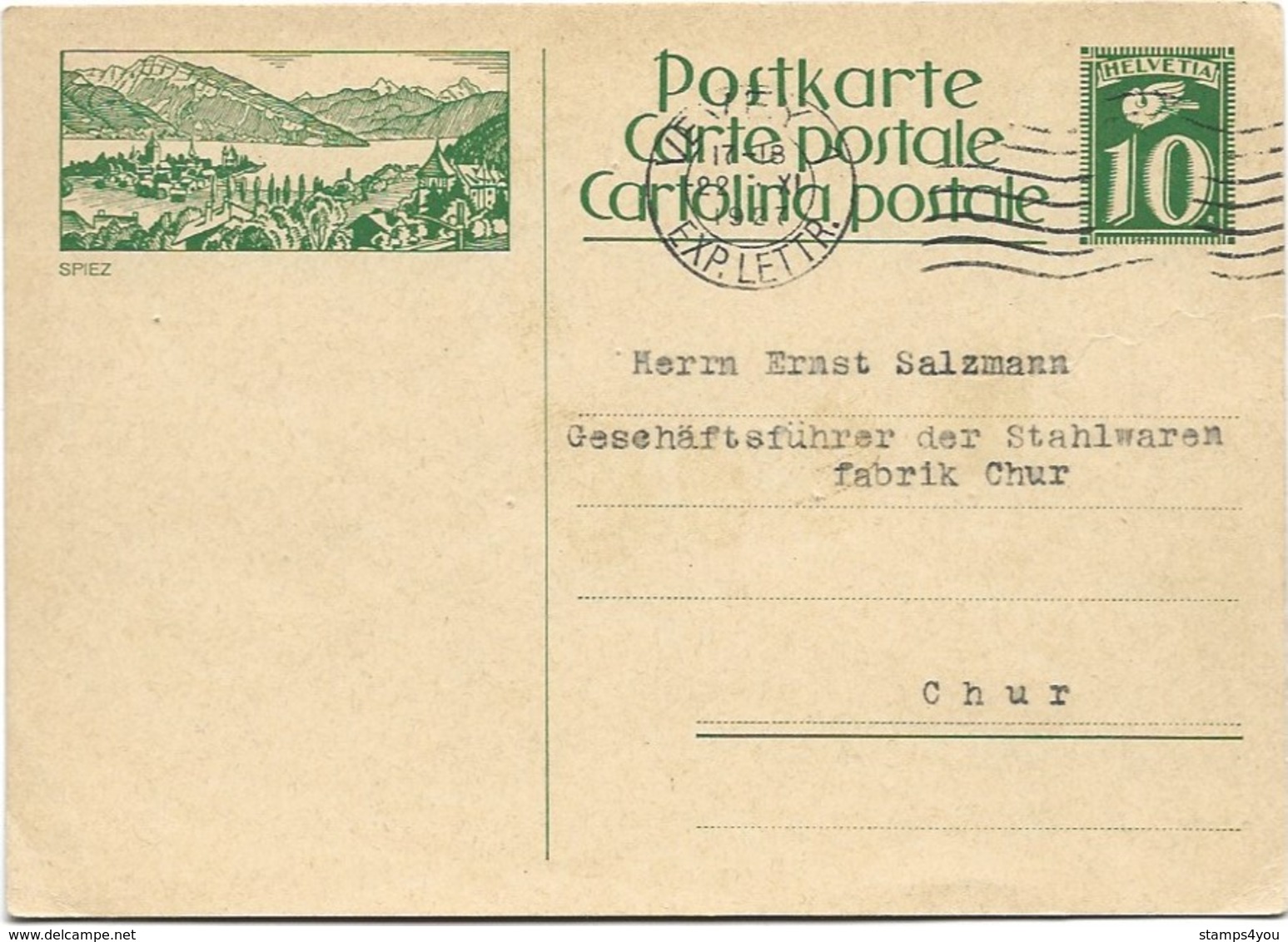 III - 22 - Entier Postal Avec Illustration "Spiez" Oblit Mécanique 1927 - Interi Postali