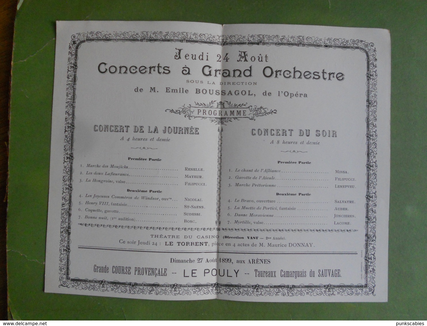 PROGRAMME DES  CONCERT A GRAND ORCHESTRE DU CASINO DE LUCHON SAISON 1899 JEUDI 24 AOUT BON ETAT - Programmes