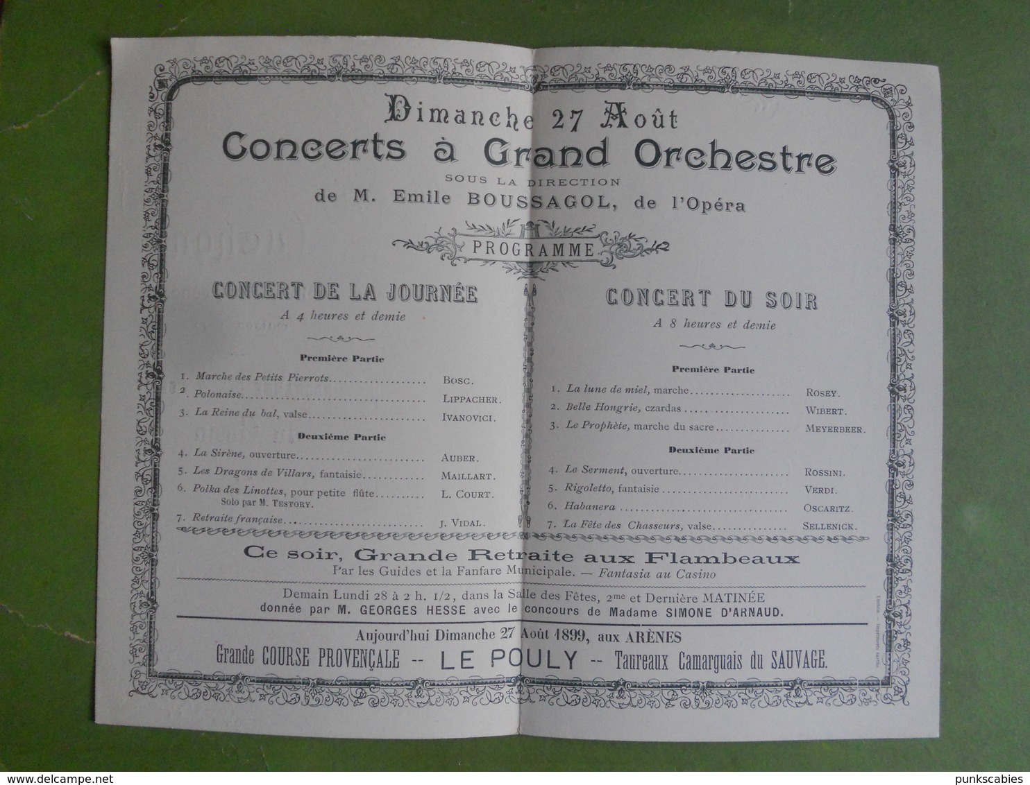 PROGRAMME DES CONCERTS A GRAND ORCHESTRE DE LUCHON DIMANCHE 27 AOUT 1899 BON ETAT - Programmes