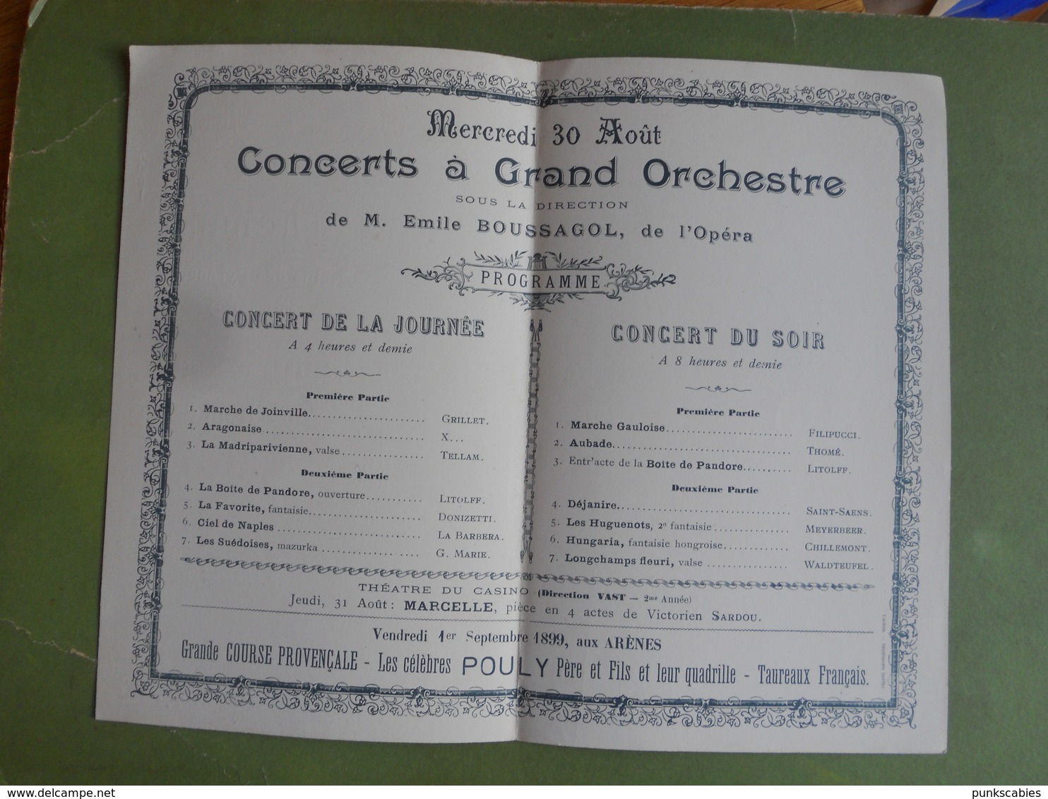 PROGRAMME DES CONCERTS A GRAND ORCHESTRE DE LUCHON MERCREDI 30 AOUT 1899 BON ETAT - Programmes