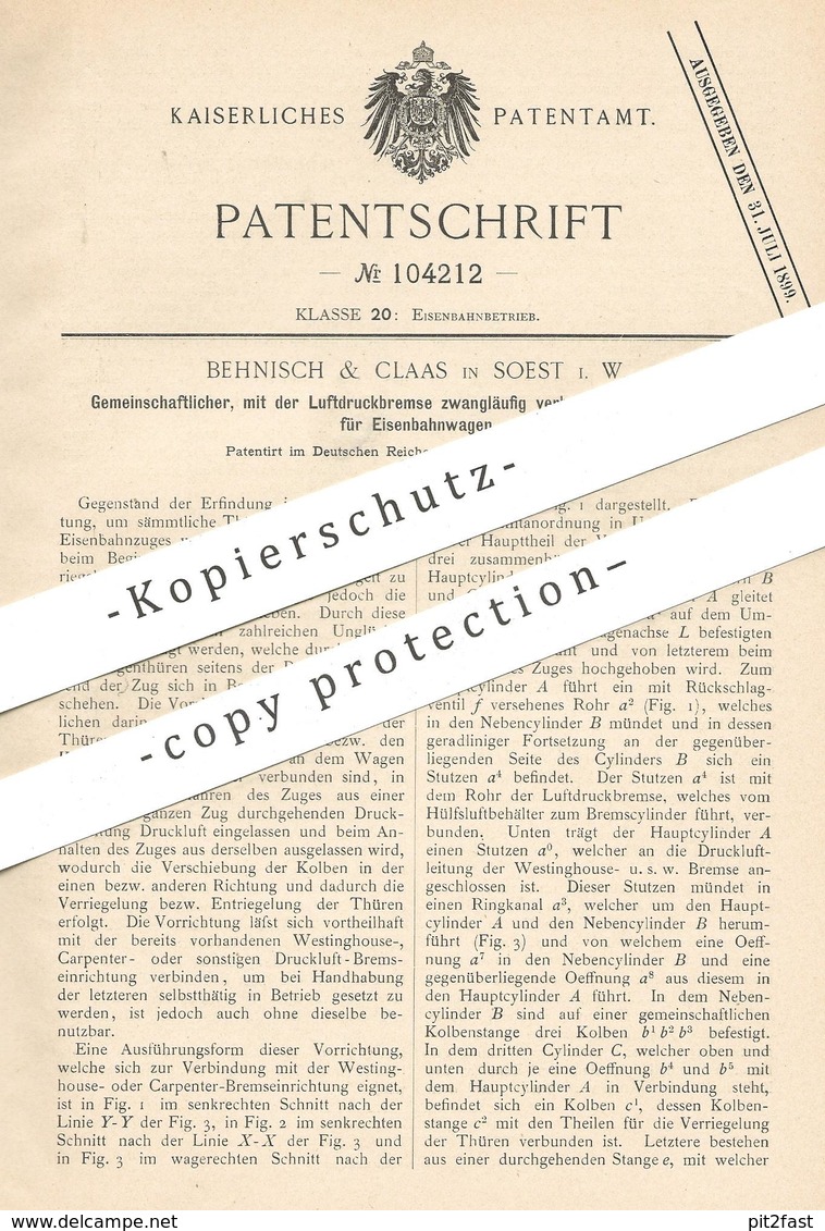 Original Patent - Behnisch & Claas , Soest , Westfalen , 1898 , Türschließer Für Eisenbahn Mit Luftdruckbremse | Tür !!! - Historische Dokumente