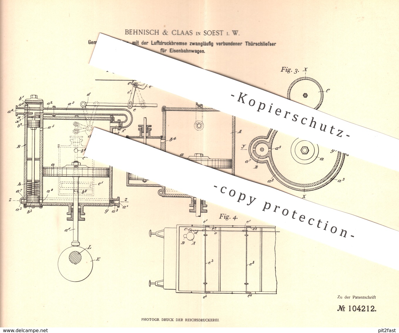 Original Patent - Behnisch & Claas , Soest , Westfalen , 1898 , Türschließer Für Eisenbahn Mit Luftdruckbremse | Tür !!! - Historische Dokumente