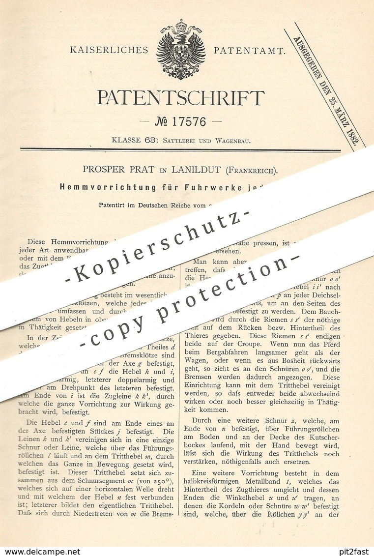 Original Patent - Prosper Prat , Lanildut , Frankreich , 1881 , Hemmvorrichtung Für Fuhrwerk | Kutsche , Wagen | Pferde - Historische Documenten