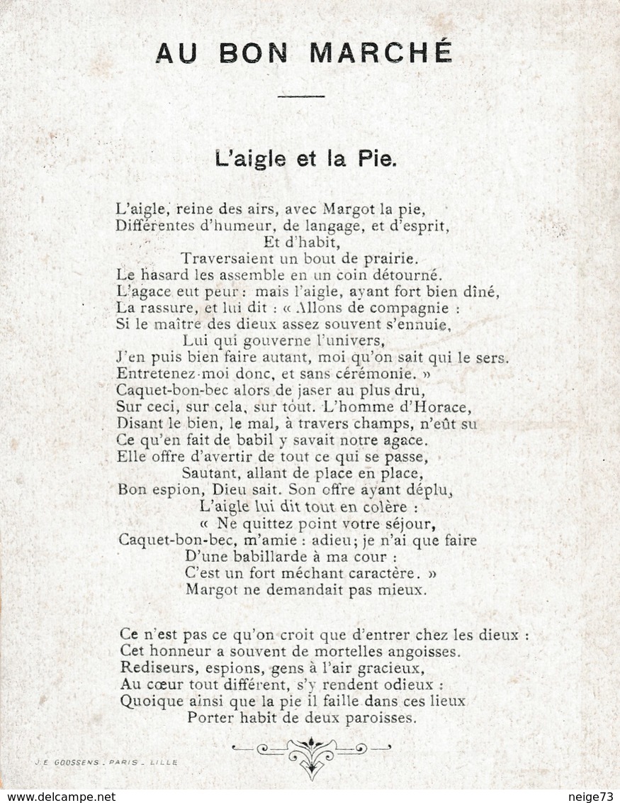 Chromo Ancien - Au Bon Marché - L'Aigle Et La Pie - Fables De La Fontaine - Au Bon Marché