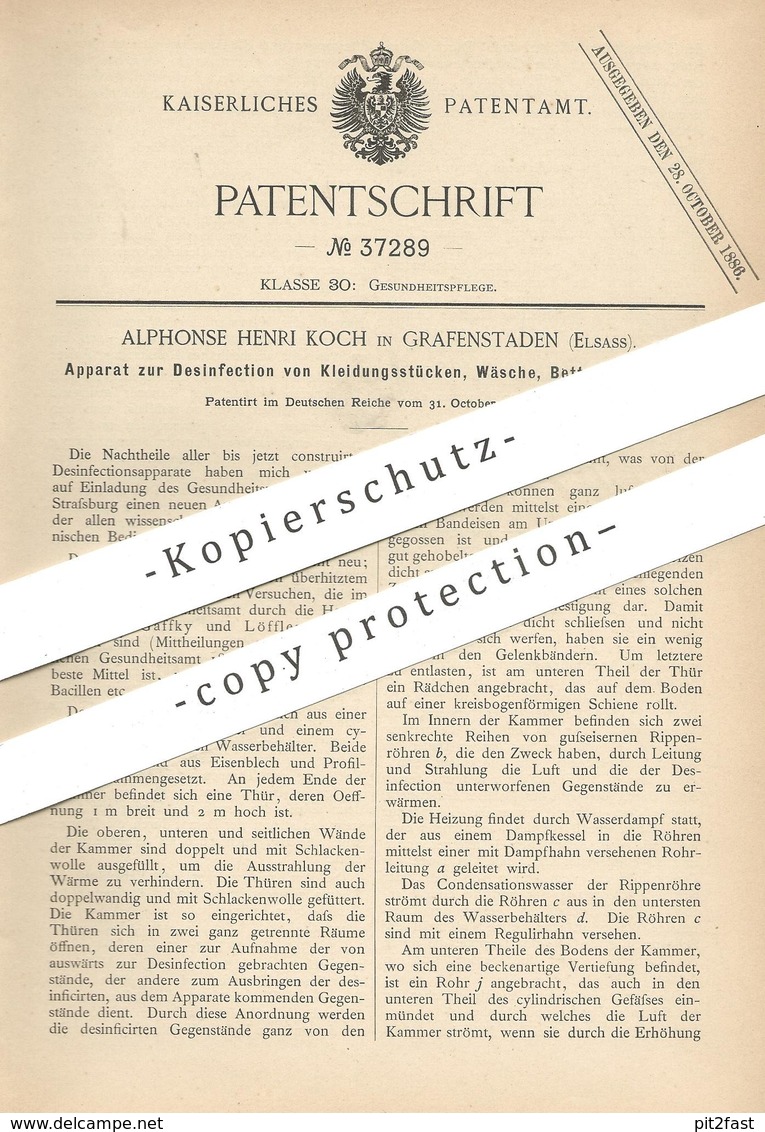 Original Patent - Alphonse Henri Koch , Grafenstaden , Elsass , 1885 , Desinfektion Von Kleidung , Wäsche, Bettwäsche !! - Historical Documents