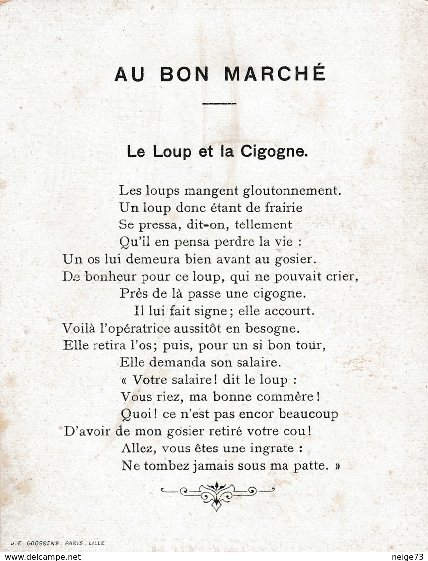 Chromo Ancien - Au Bon Marché - Le Loup Et La Cigogne - Fables De La Fontaine - Au Bon Marché